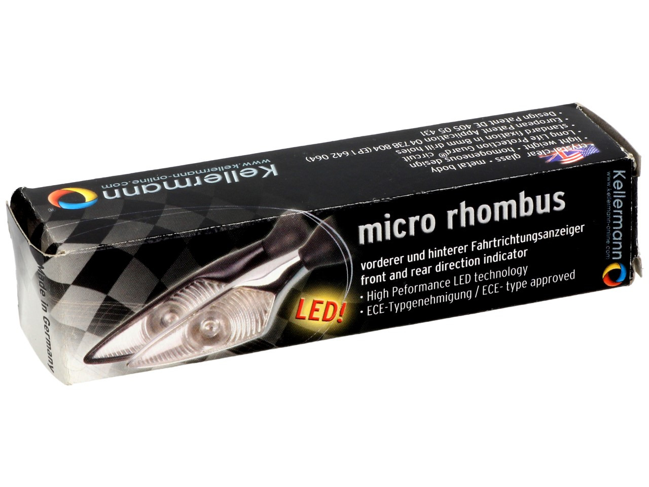 Kellermann Blinker, Rhombus, Stahl, LED, VR/HL, 12 V, chrom glänzend, M8x20, E-geprüft