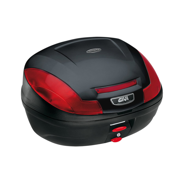 E470 Simply III MONOLOCK Topcase schwarz mit roten Reflektoren und Platte Givi