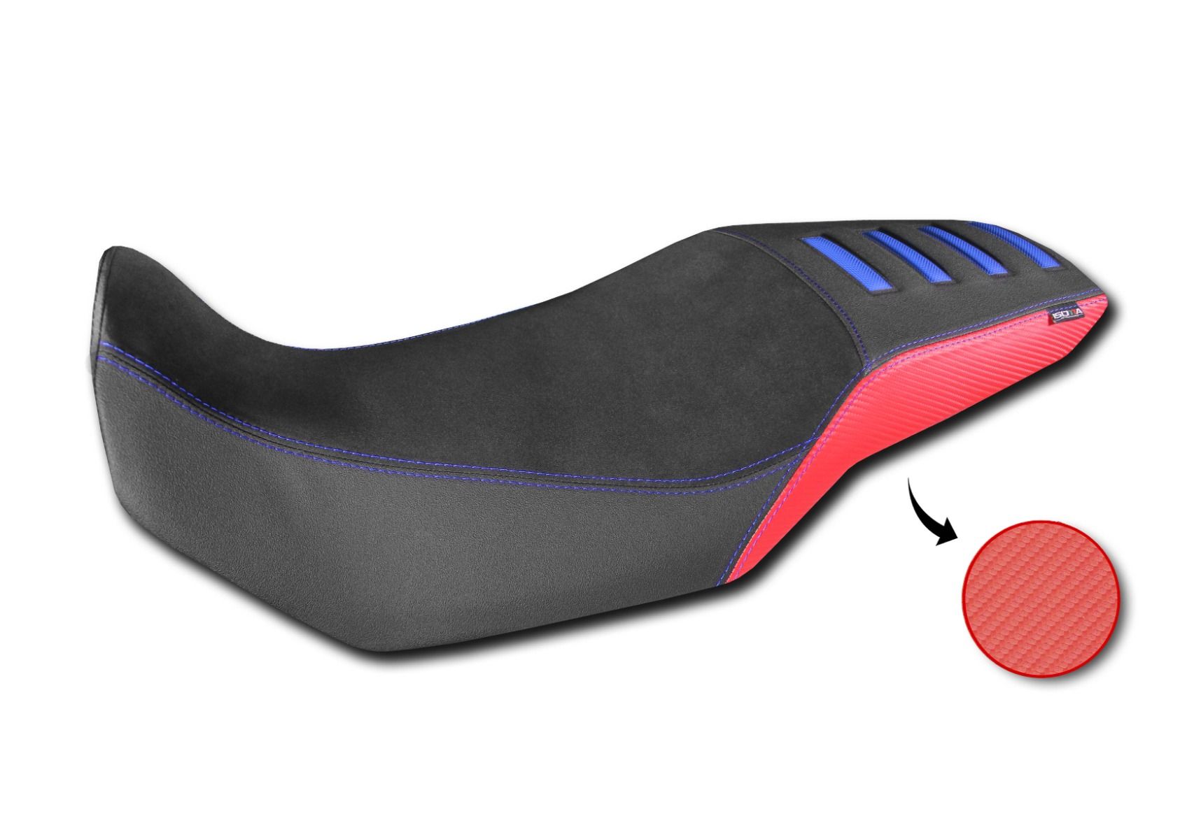 Sitzbezug Comfort aus 3D Faser für Honda XL 750 Transalp (23-24), schwarz / rot mit blauen Einsätzen