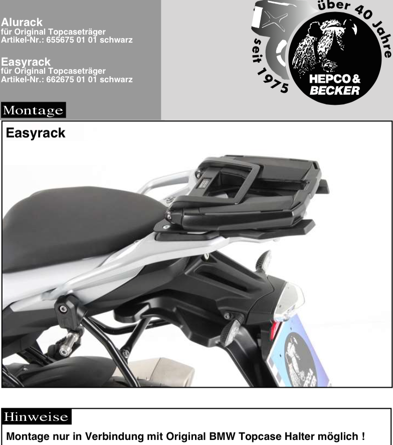 Easyrack Topcase-Träger für Kombination mit originalem BMW-Topcase-Träger für BMW S 1000 XR (15-19)