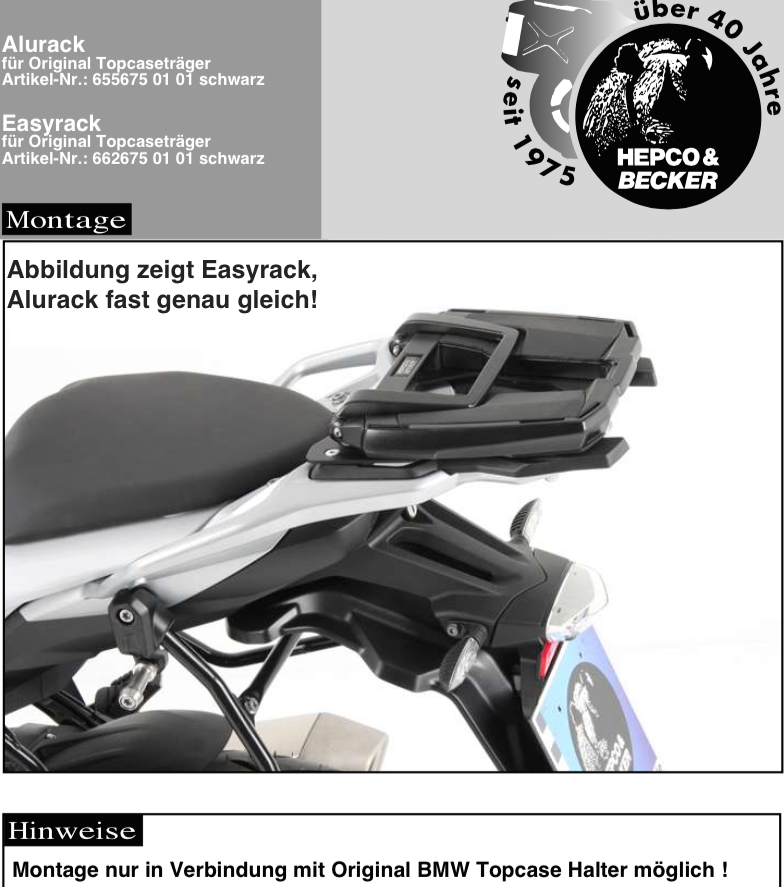 Alurack Topcase-Träger für Kombination mit originalem BMW-Topcase-Träger für BMW S 1000 XR (15-19)