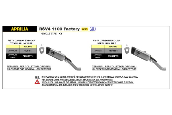 ARROW Racing-Auspuff PISTA DARK mit Edelstahl Zwischenrohr für Aprilia RSV4 1100 Factory 2021- , Tuo