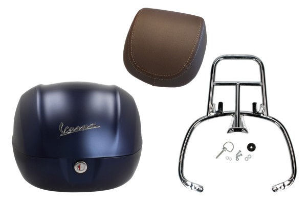 Topcase Kit 32L deep blue matt opaco (288/A), Rückenpolster braun für Vespa Primavera