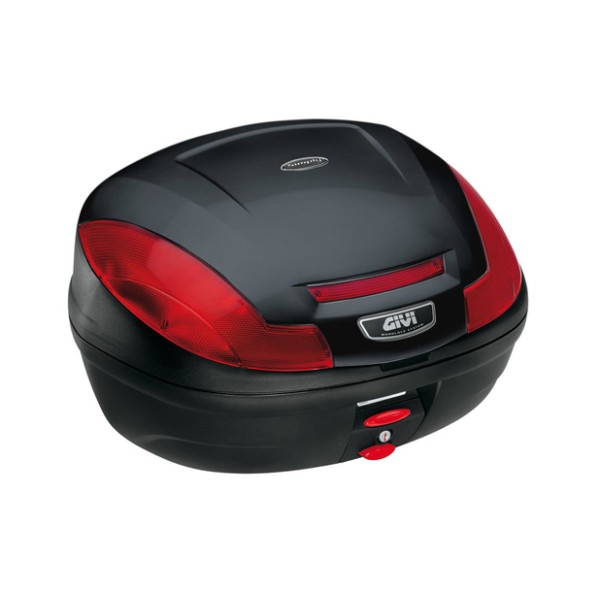 E470 Simply III MONOLOCK Topcase schwarz mit roten Reflektoren und Platte Givi